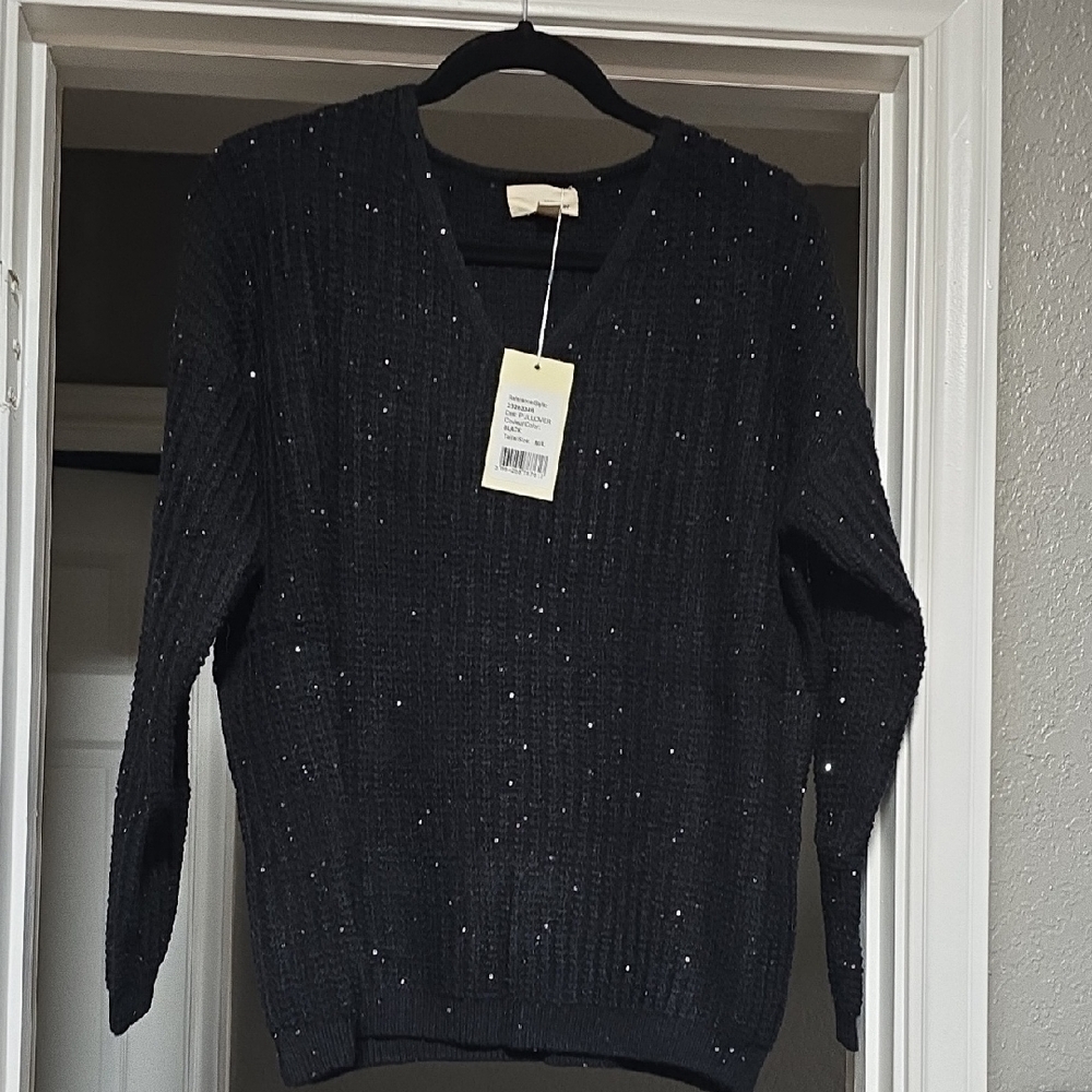 Black V-Neck Sweater with Embellishments